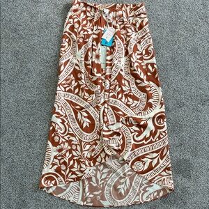 Brown and Cream Floral Paisley Midi Hi-Lo Skirt
